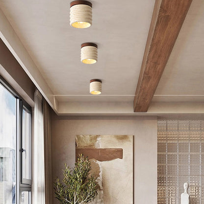 Traditional Japanese Round Yellow Travertine Glass Solid Wood 1 - Light Semi-flush Mount Ceiling Light for Hallways