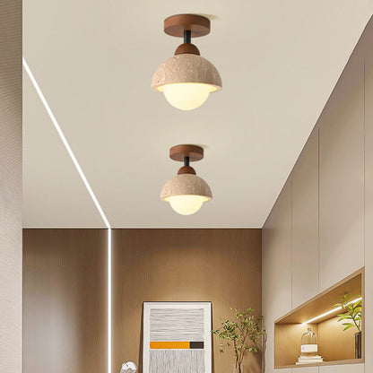Traditional Japanese Round Yellow Travertine Glass Solid Wood 1 - Light Semi-flush Mount Ceiling Light for Hallways