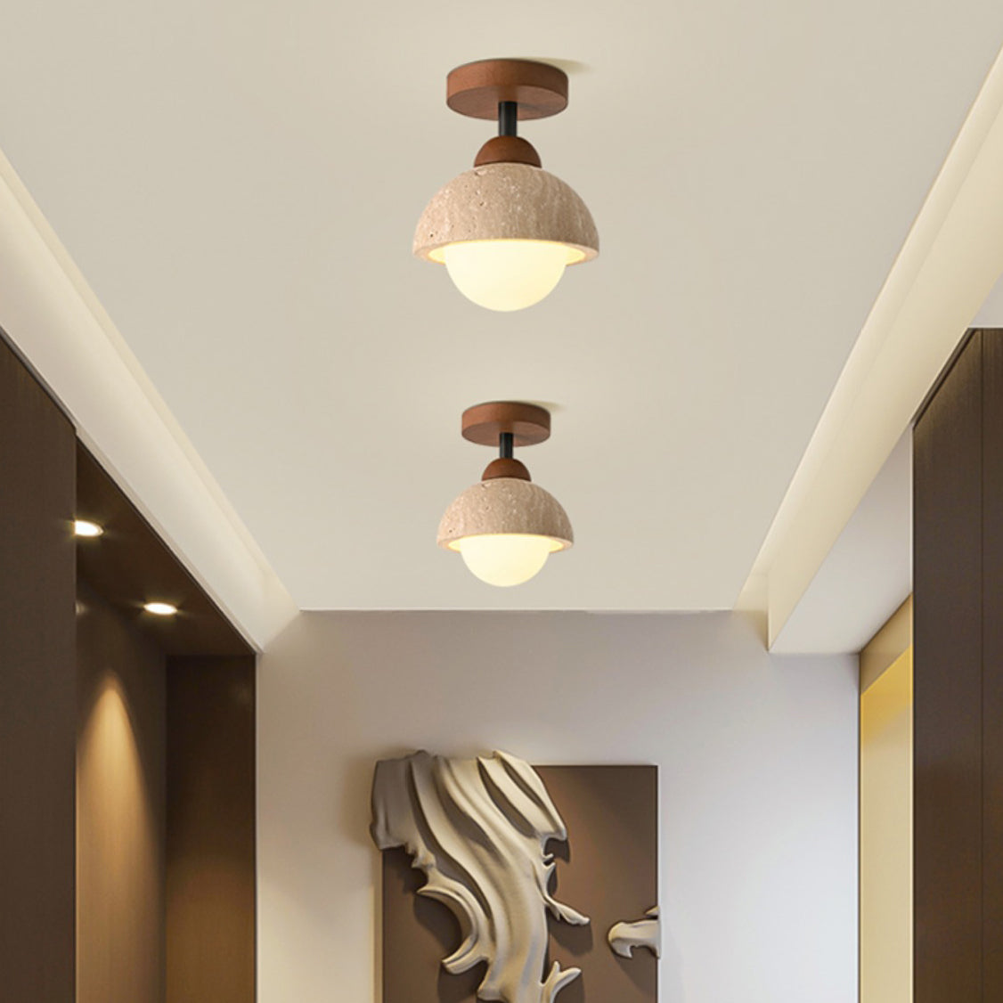 Traditional Japanese Round Yellow Travertine Glass Solid Wood 1 - Light Semi-flush Mount Ceiling Light for Hallways