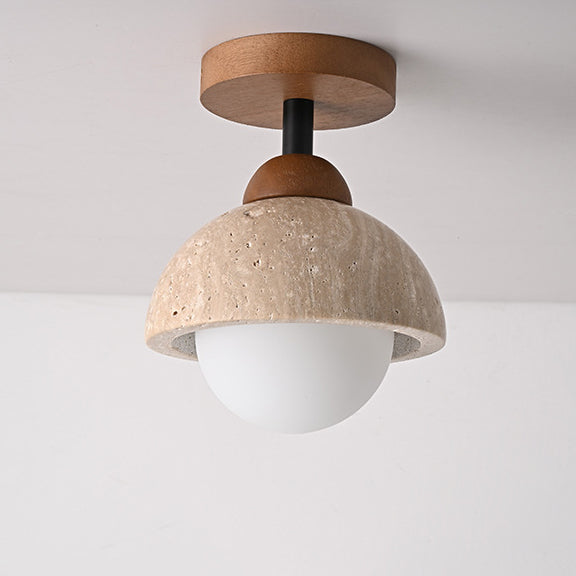 Traditional Japanese Round Yellow Travertine Glass Solid Wood 1 - Light Semi-flush Mount Ceiling Light for Hallways