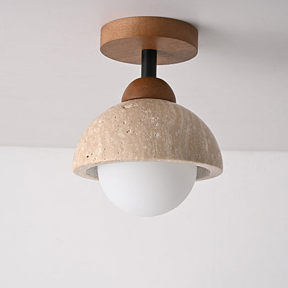 Traditional Japanese Round Yellow Travertine Glass Solid Wood 1 - Light Semi-flush Mount Ceiling Light for Hallways