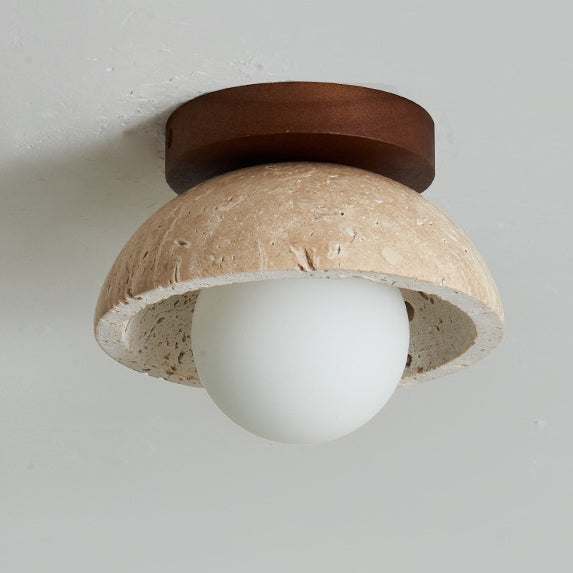 Traditional Japanese Round Yellow Travertine Glass Solid Wood 1 - Light Semi-flush Mount Ceiling Light for Hallways