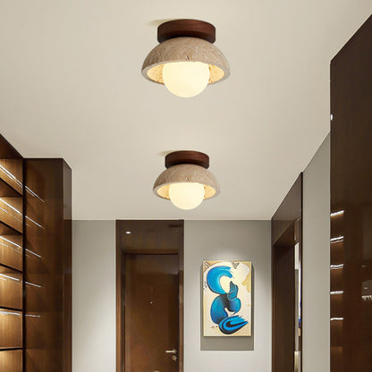 Traditional Japanese Round Yellow Travertine Glass Solid Wood 1 - Light Semi-flush Mount Ceiling Light for Hallways