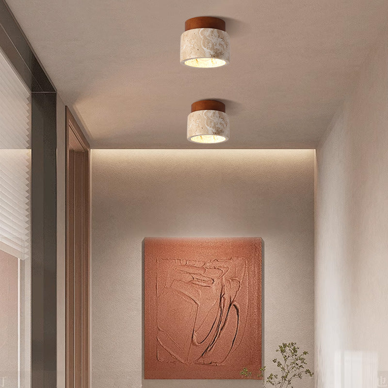 Traditional Japanese Round Yellow Travertine Glass Solid Wood 1 - Light Semi-flush Mount Ceiling Light for Hallways