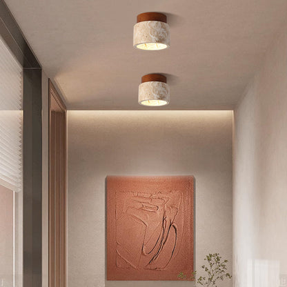 Traditional Japanese Round Yellow Travertine Glass Solid Wood 1 - Light Semi-flush Mount Ceiling Light for Hallways