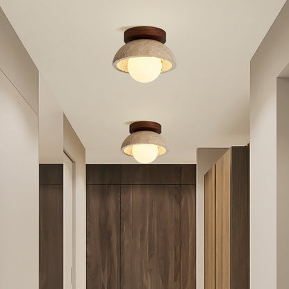Traditional Japanese Round Yellow Travertine Glass Solid Wood 1 - Light Semi-flush Mount Ceiling Light for Hallways