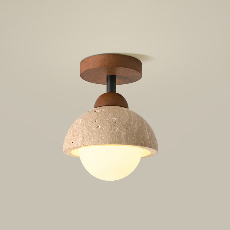 Traditional Japanese Round Yellow Travertine Glass Solid Wood 1 - Light Semi-flush Mount Ceiling Light for Hallways