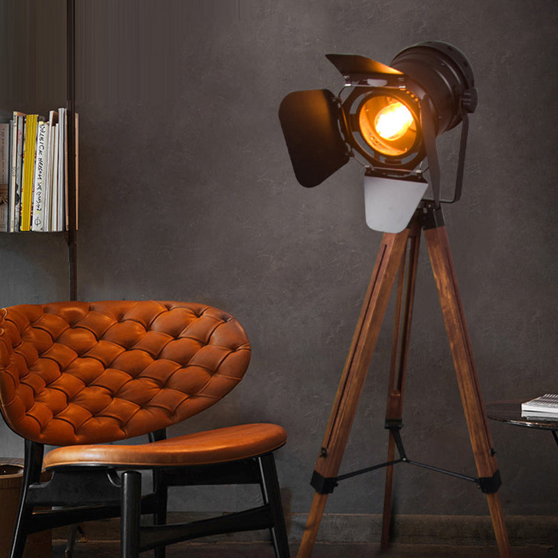 Contemporary Creative Camera Iron Wood 1 - Light Standing Floor Lamp For Living Room Lumendat