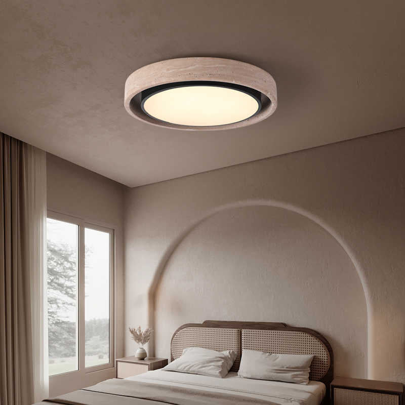 Traditional Rustic Round Iron Yellow Travertine Acrylic LED Flush Mount Ceiling Light For Bedroom