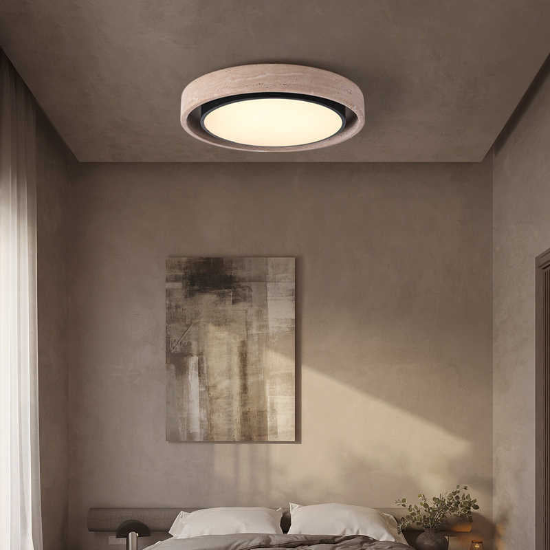 Traditional Rustic Round Iron Yellow Travertine Acrylic LED Flush Mount Ceiling Light For Bedroom