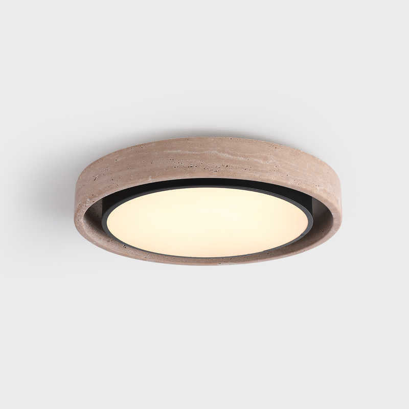 Traditional Rustic Round Iron Yellow Travertine Acrylic LED Flush Mount Ceiling Light For Bedroom