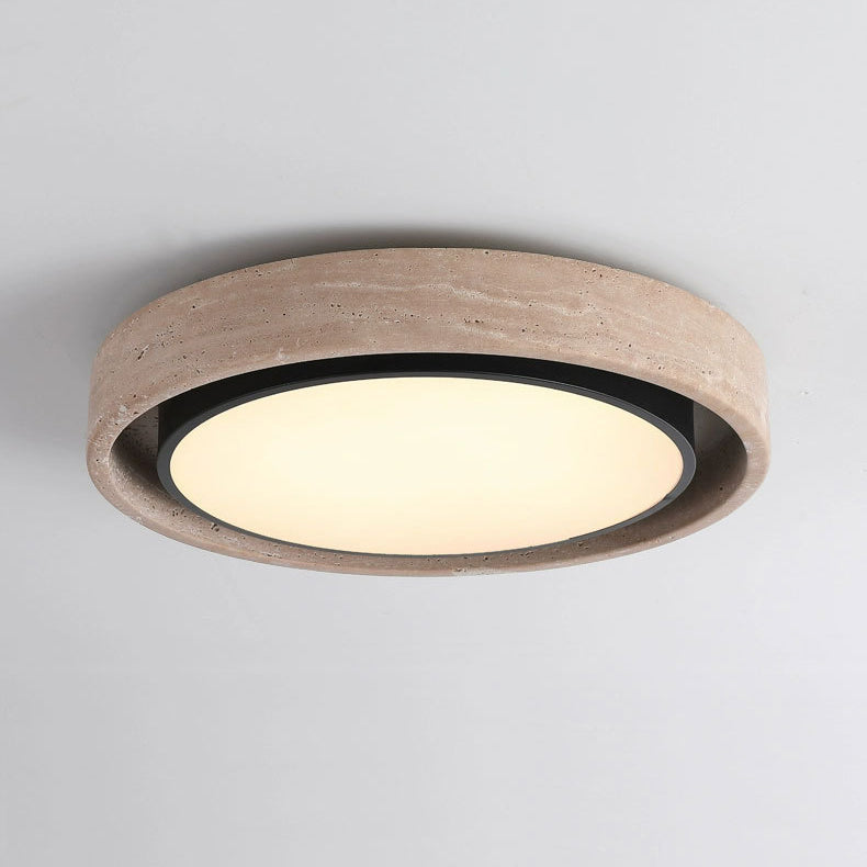 Traditional Rustic Round Iron Yellow Travertine Acrylic LED Flush Mount Ceiling Light For Bedroom