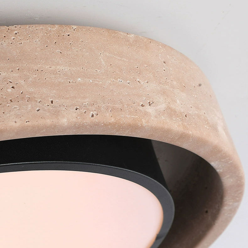 Traditional Rustic Round Iron Yellow Travertine Acrylic LED Flush Mount Ceiling Light For Bedroom