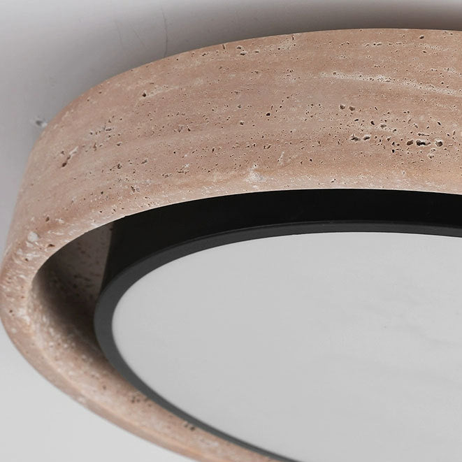 Traditional Rustic Round Iron Yellow Travertine Acrylic LED Flush Mount Ceiling Light For Bedroom