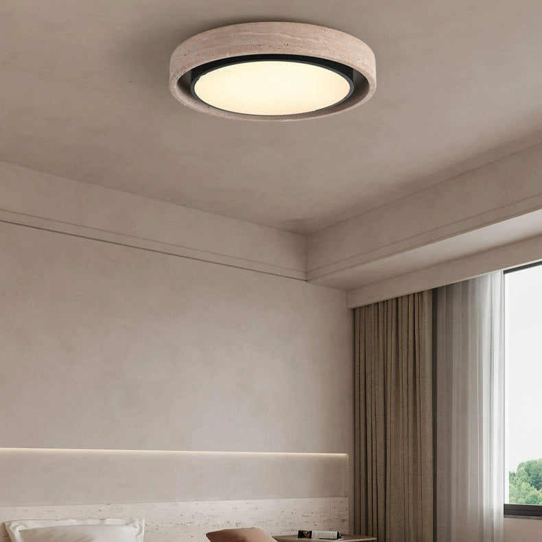 Traditional Rustic Round Iron Yellow Travertine Acrylic LED Flush Mount Ceiling Light For Bedroom