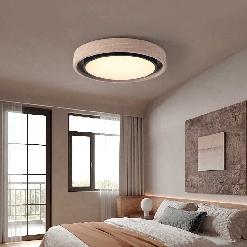 Traditional Rustic Round Iron Yellow Travertine Acrylic LED Flush Mount Ceiling Light For Bedroom