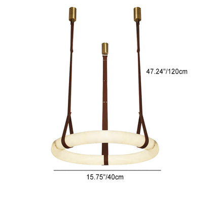 Contemporary Nordic Round Leather Copper Imitation Marble LED Chandelier for Living Room
