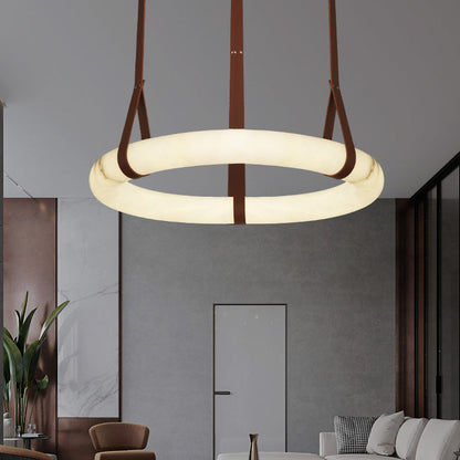 Contemporary Nordic Round Leather Copper Imitation Marble LED Chandelier for Living Room