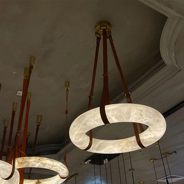 Contemporary Nordic Round Leather Copper Imitation Marble LED Chandelier for Living Room BulbSquare