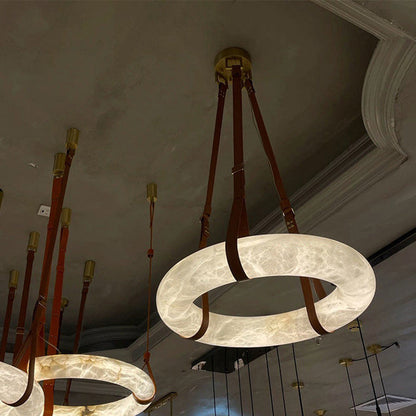 Contemporary Nordic Round Leather Copper Imitation Marble LED Chandelier for Living Room