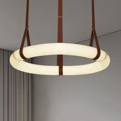 Contemporary Nordic Round Leather Copper Imitation Marble LED Chandelier for Living Room