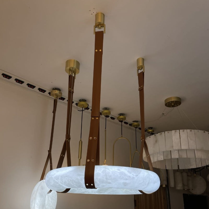 Contemporary Nordic Round Leather Copper Imitation Marble LED Chandelier for Living Room BulbSquare