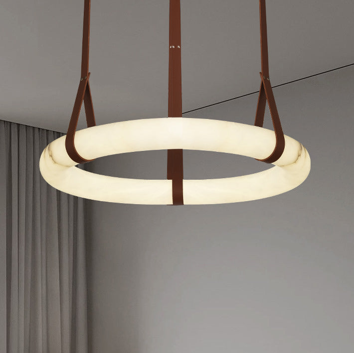 Contemporary Nordic Round Leather Copper Imitation Marble LED Chandelier for Living Room BulbSquare