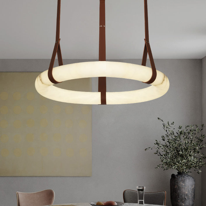 Contemporary Nordic Round Leather Copper Imitation Marble LED Chandelier for Living Room BulbSquare