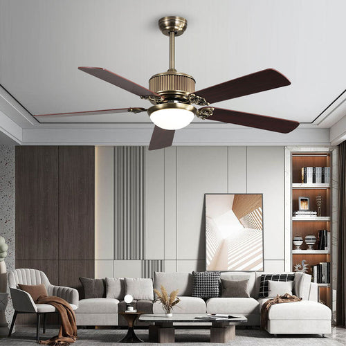 Contemporary Nordic Five Fan Blades Copper Wood Glass LED Downrods Ceiling Fan Light For Living Room