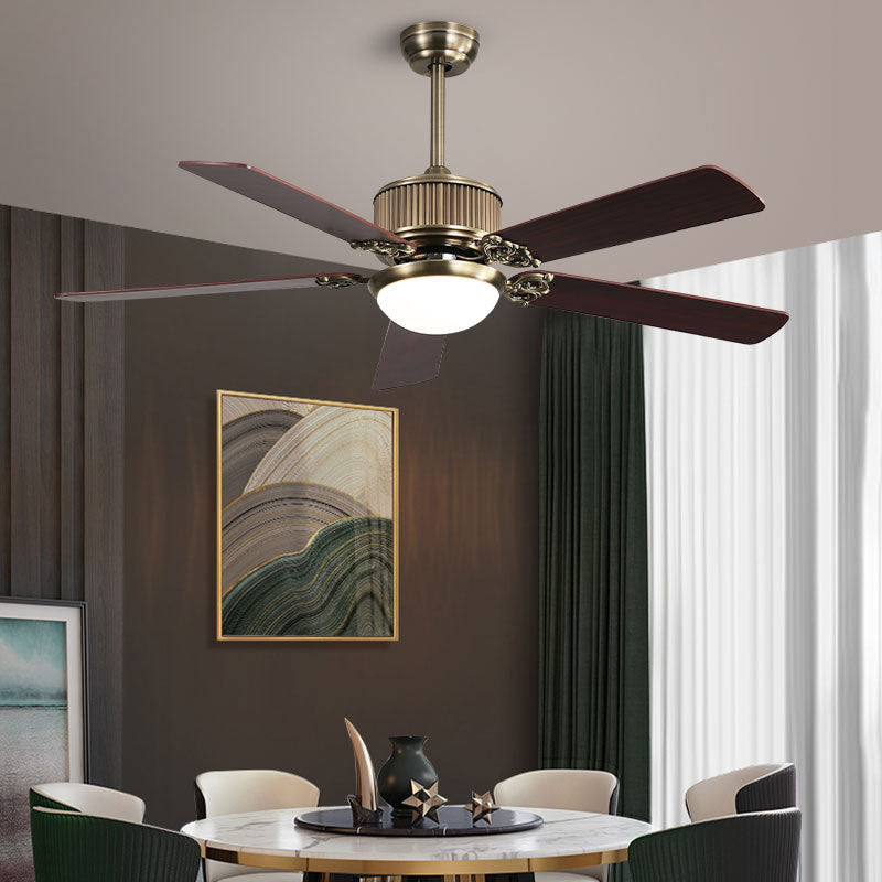 Contemporary Nordic Five Fan Blades Copper Wood Glass LED Downrods Ceiling Fan Light For Living Room