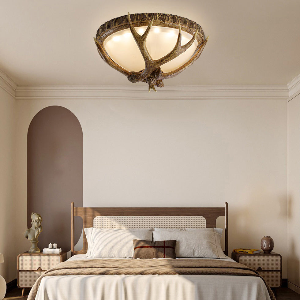 Contemporary Retro Antler Round Resin Iron Glass LED Flush Mount Ceiling Light for Bedroom