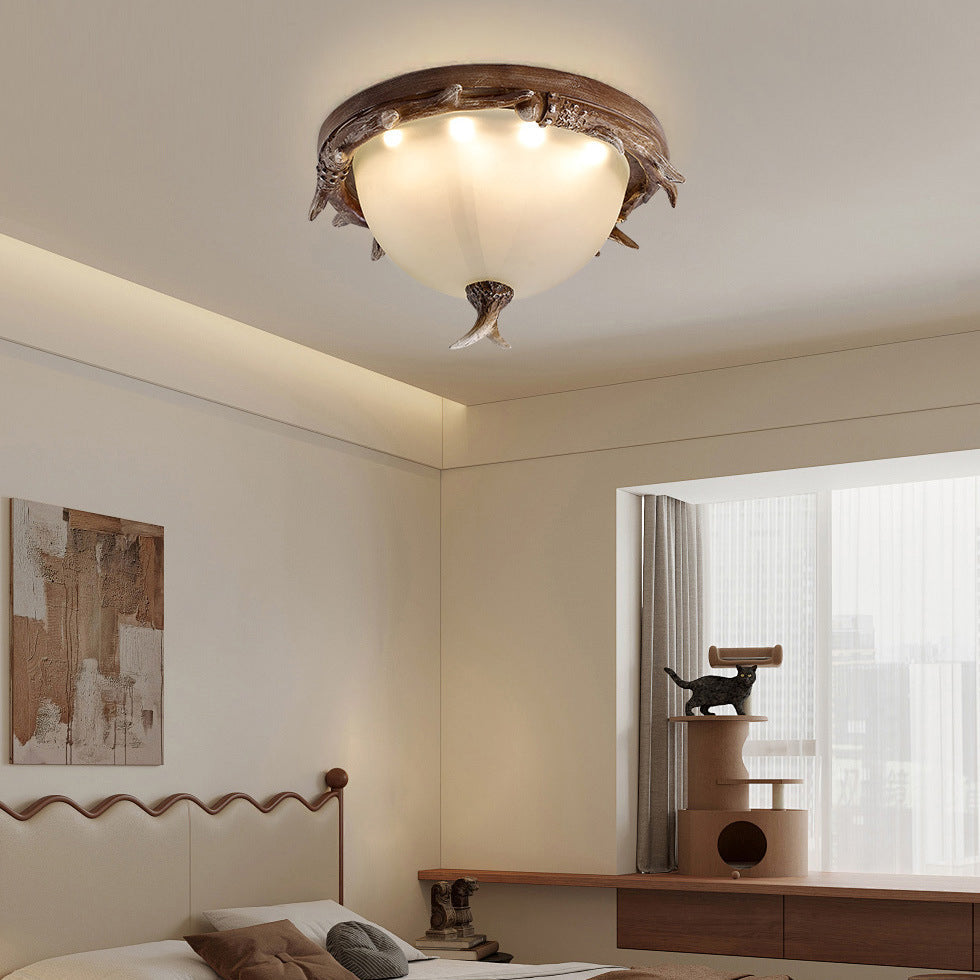 Contemporary Retro Antler Round Resin Iron Glass LED Flush Mount Ceiling Light for Bedroom