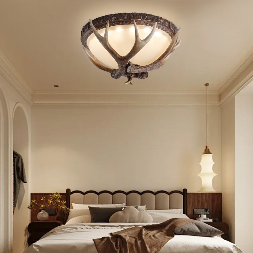 Contemporary Retro Antler Round Resin Iron Glass LED Flush Mount Ceiling Light for Bedroom