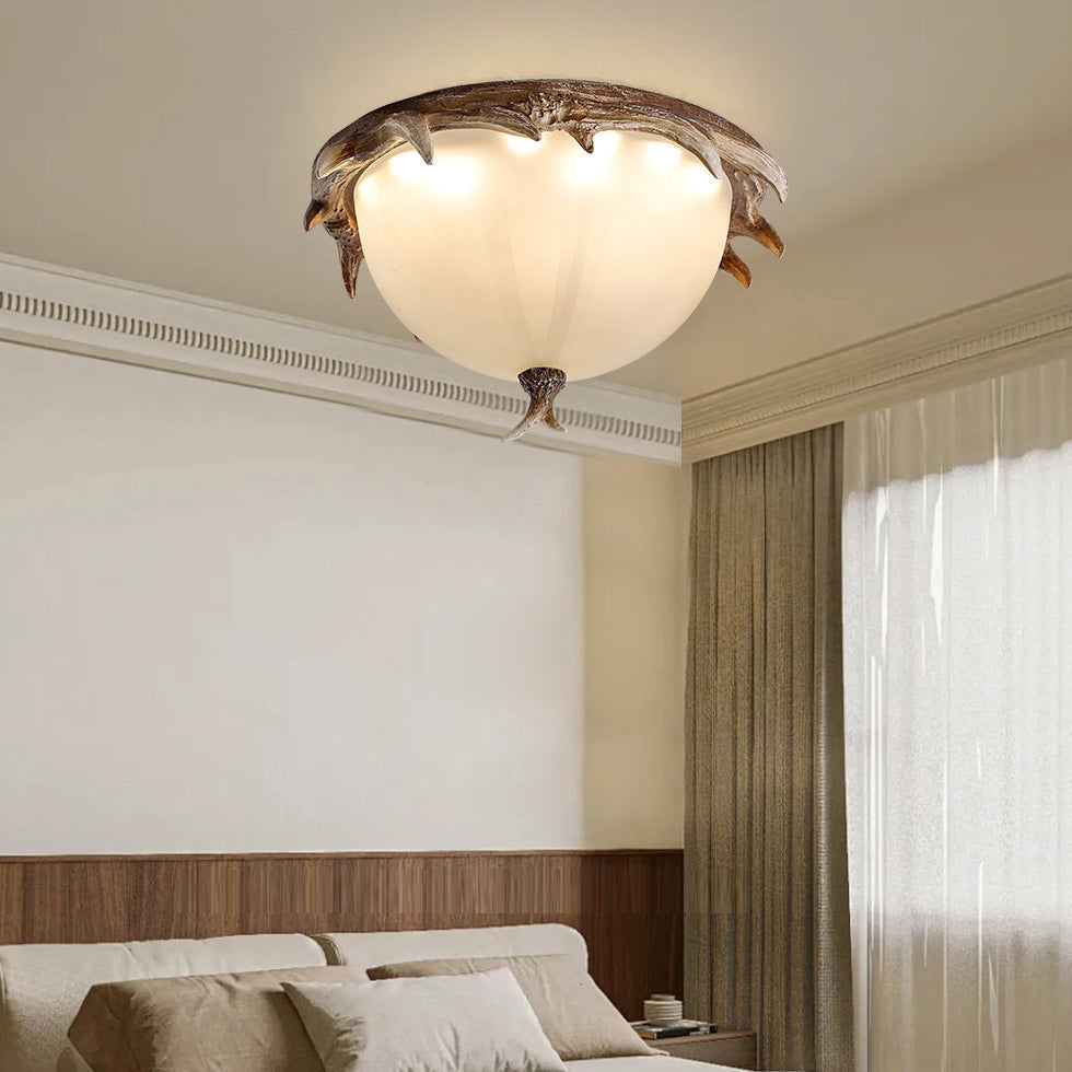 Contemporary Retro Antler Round Resin Iron Glass LED Flush Mount Ceiling Light for Bedroom
