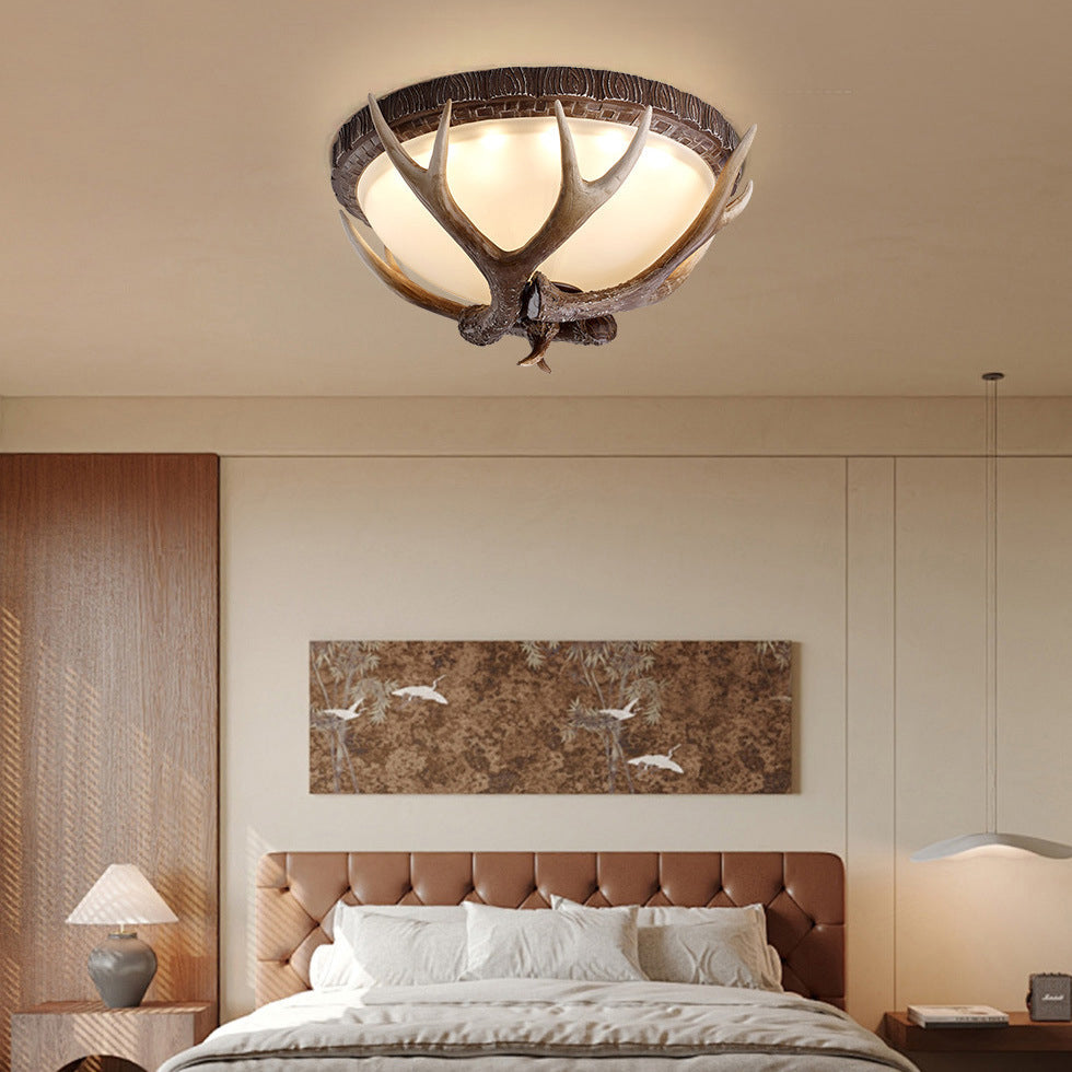 Contemporary Retro Antler Round Resin Iron Glass LED Flush Mount Ceiling Light for Bedroom