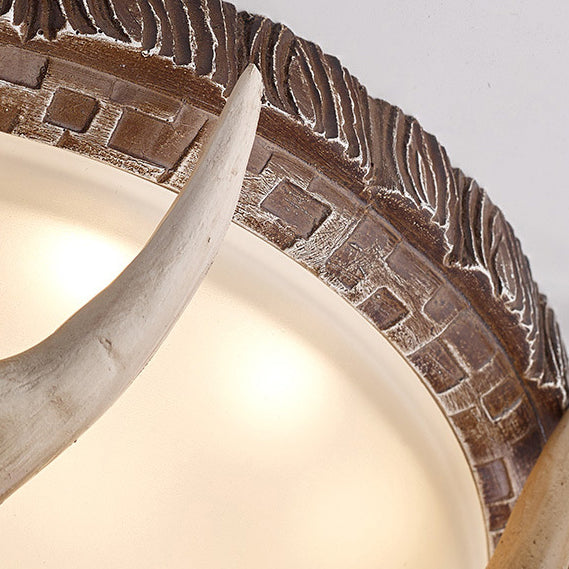 Contemporary Retro Antler Round Resin Iron Glass LED Flush Mount Ceiling Light for Bedroom