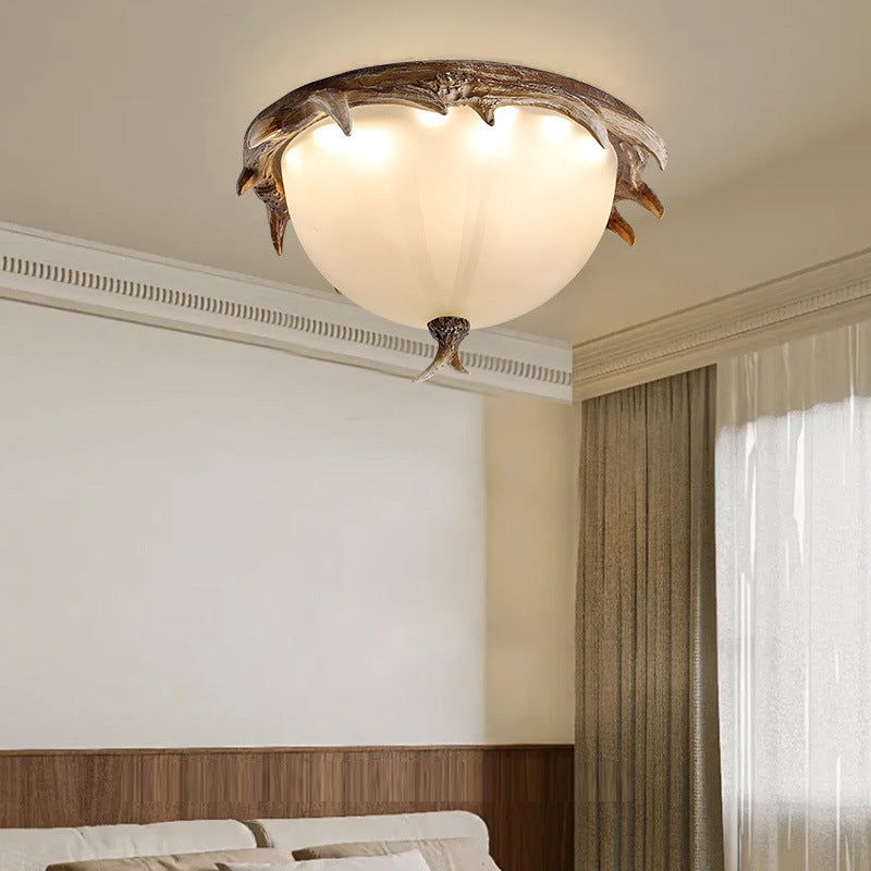 Contemporary Retro Antler Round Resin Iron Glass LED Flush Mount Ceiling Light for Bedroom