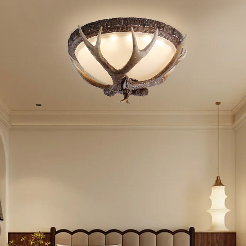 Contemporary Retro Antler Round Resin Iron Glass LED Flush Mount Ceiling Light for Bedroom