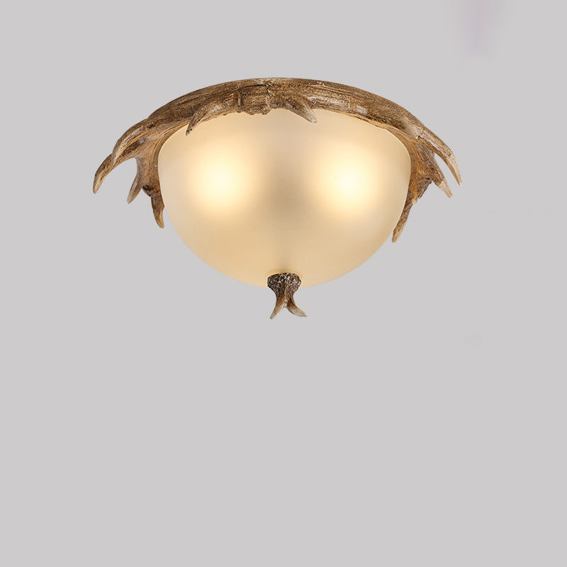 Contemporary Retro Antler Round Resin Iron Glass LED Flush Mount Ceiling Light for Bedroom