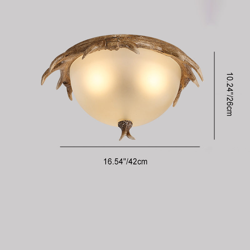 Contemporary Retro Antler Round Resin Iron Glass LED Flush Mount Ceiling Light for Bedroom