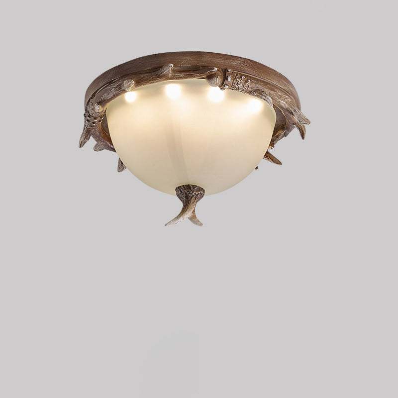 Contemporary Retro Antler Round Resin Iron Glass LED Flush Mount Ceiling Light for Bedroom