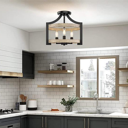Traditional Vintage Birdcage Shape Wood Iron 3 - Light Semi-Flush Mount Light For Dining Room