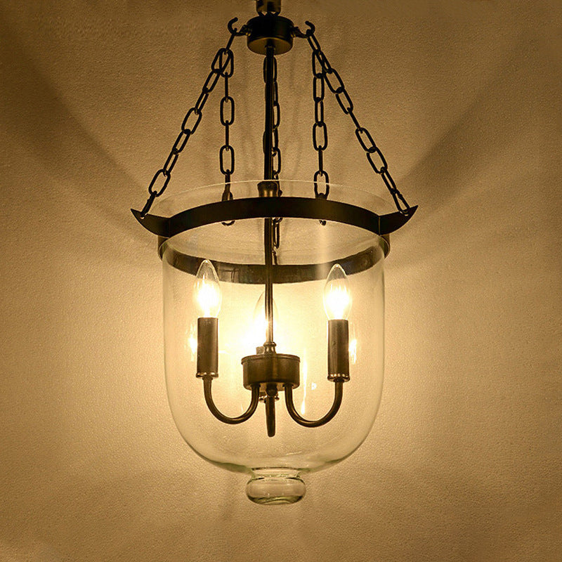 Traditional Rustic Semicircle Bucket Iron Glass 3 - Light Pendant Light For Dining Room
