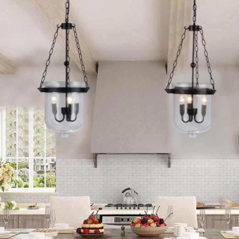 Traditional Rustic Semicircle Bucket Iron Glass 3 - Light Pendant Light For Dining Room