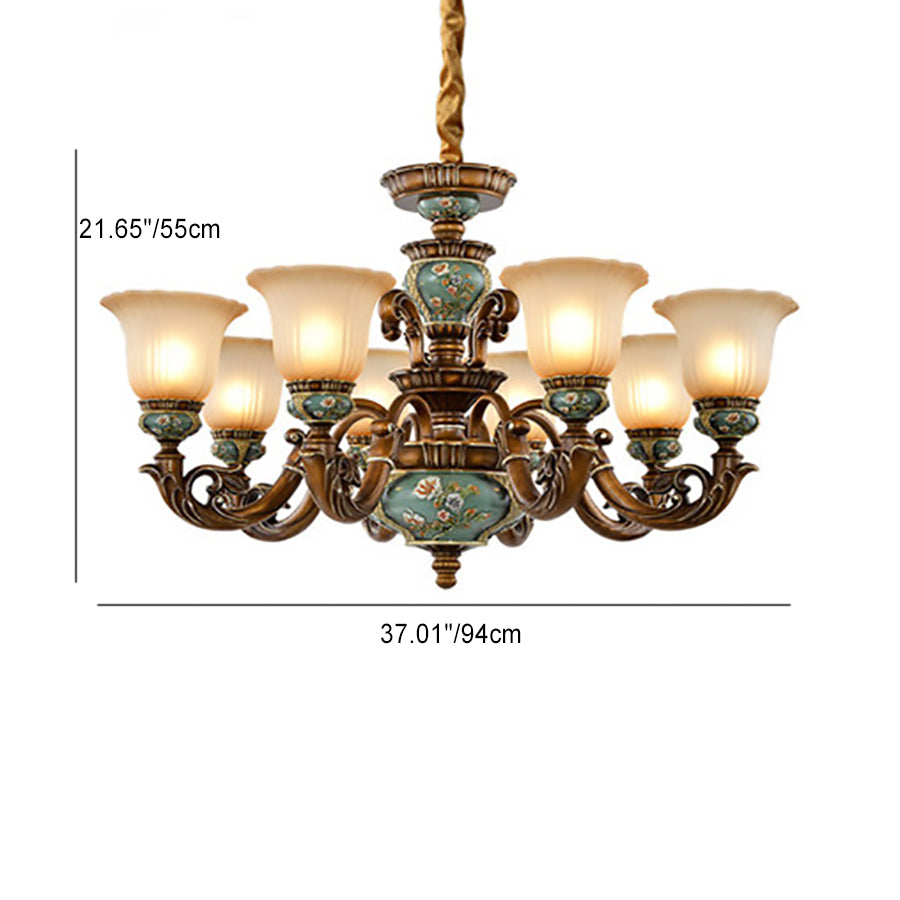 Traditional European Flower Pattern Petal Shape Resin Iron Glass 3/6/8/10 - Light Chandeliers for Living Room BulbSquare