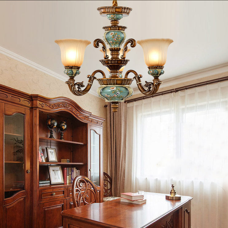Traditional European Flower Pattern Petal Shape Resin Iron Glass 3/6/8/10 - Light Chandeliers for Living Room BulbSquare