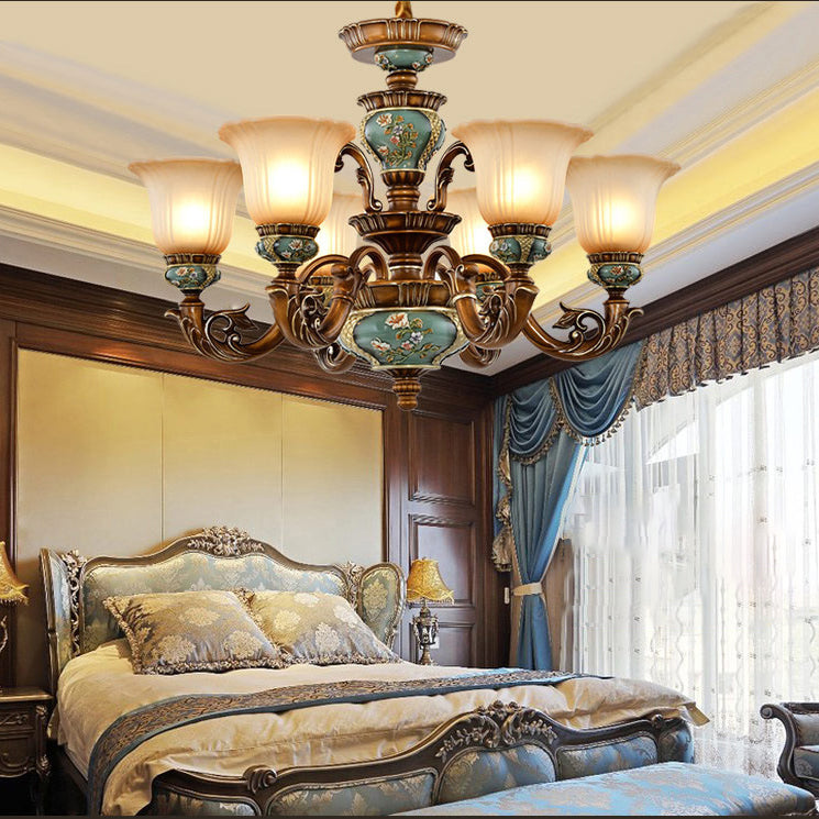 Traditional European Flower Pattern Petal Shape Resin Iron Glass 3/6/8/10 - Light Chandeliers for Living Room BulbSquare