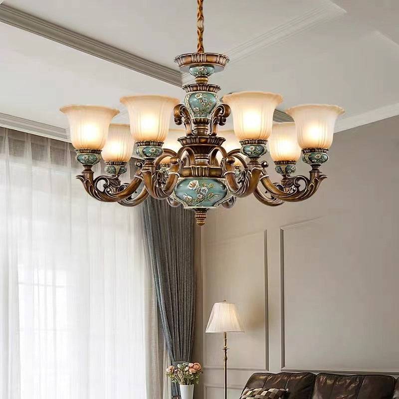 Traditional European Flower Pattern Petal Shape Resin Iron Glass 3/6/8/10 - Light Chandeliers for Living Room BulbSquare