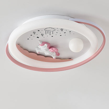 Contemporary Creative Unicorn Astronaut Rocket Round Iron Acrylic Resin LED Flush Mount Ceiling Light For Bedroom