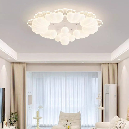 Contemporary Nordic Cream Flower Balls Crystal Iron PE Acrylic LED Flush Mount Ceiling Light For Bedroom